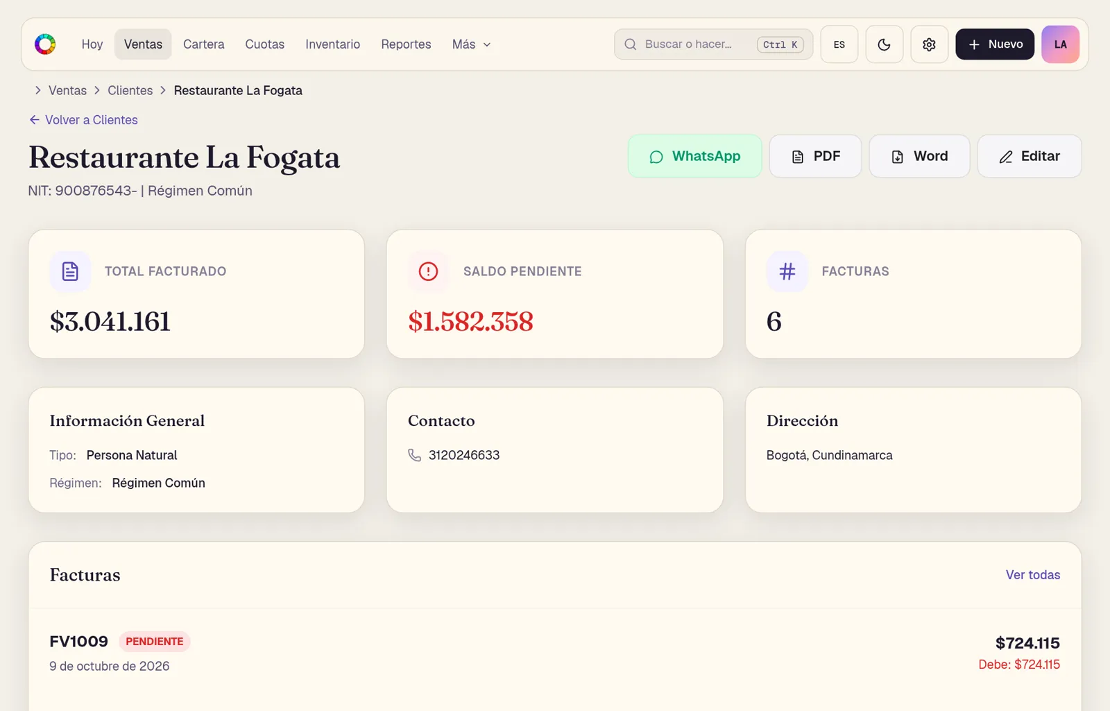 Ficha de un cliente en EMI ERP con su saldo y sus facturas