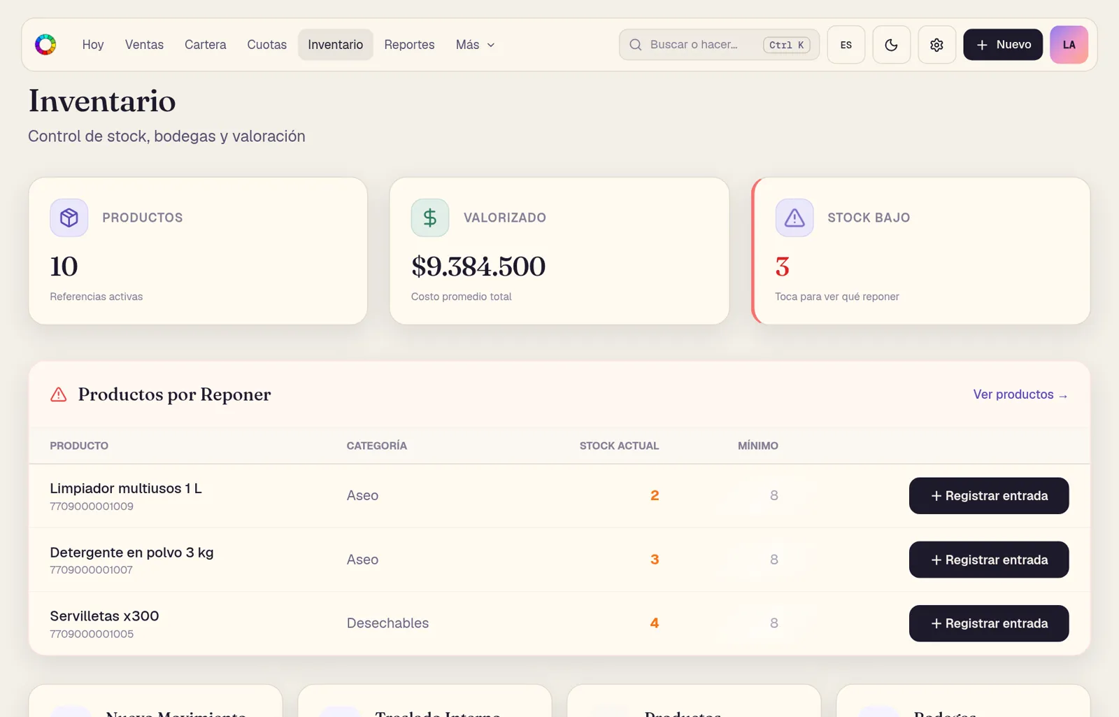 Inventario de EMI ERP con los productos por reponer